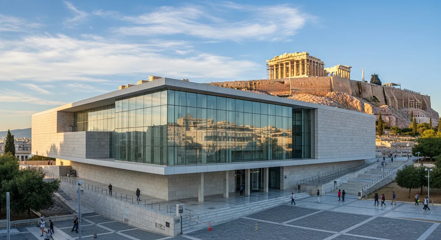 Exterior of the Acropolis Museum with the Parthenon visible in the background