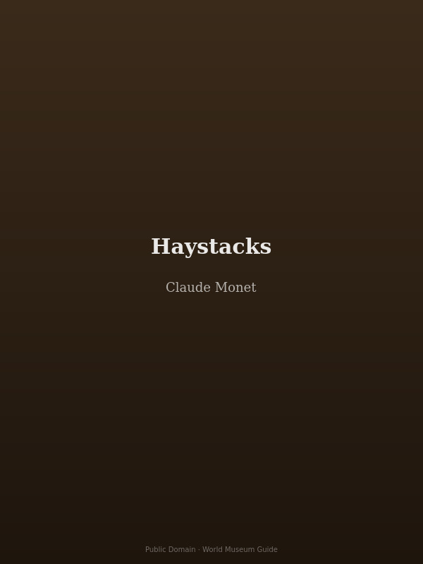 Haystacks by Claude Monet — golden haystacks in a field at sunset, rendered in warm orange and red light