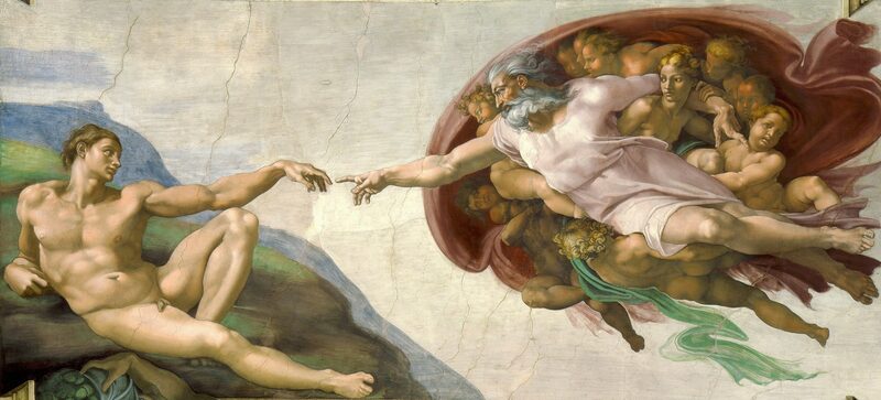 The Creation of Adam by Michelangelo — God reaches toward Adam, fingers almost touching