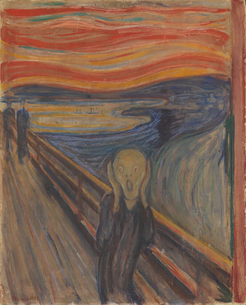 The Scream by Edvard Munch — anguished figure against a swirling red-orange sky