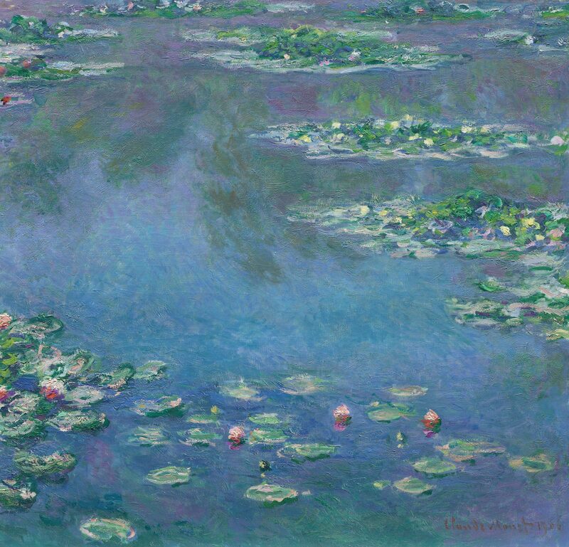 Water Lilies by Claude Monet — impressionistic pond surface with lily pads and reflections