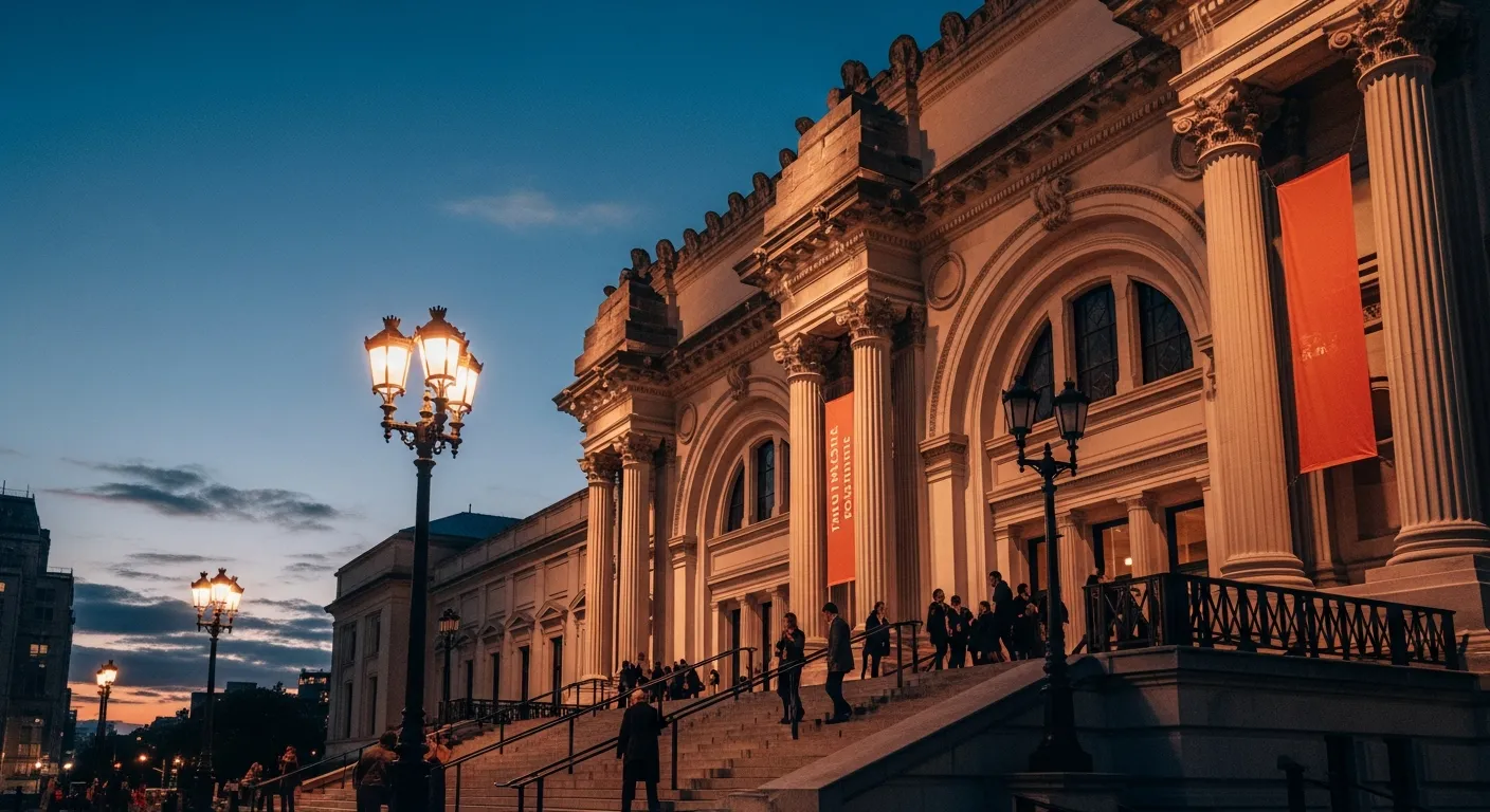 Exterior of the Metropolitan Museum of Art at dusk