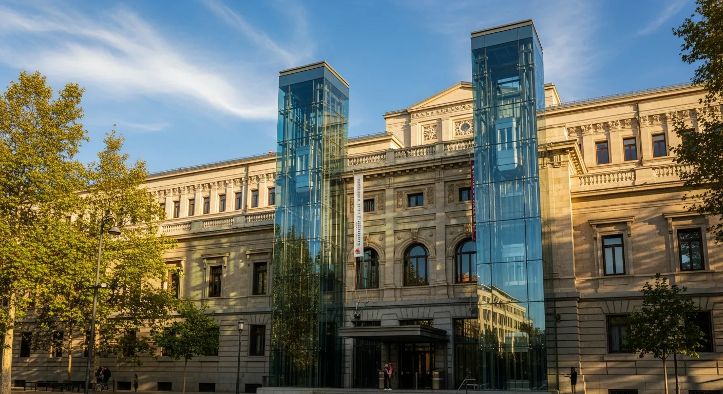 Exterior of the Museo Reina Sofía with its glass exterior elevators